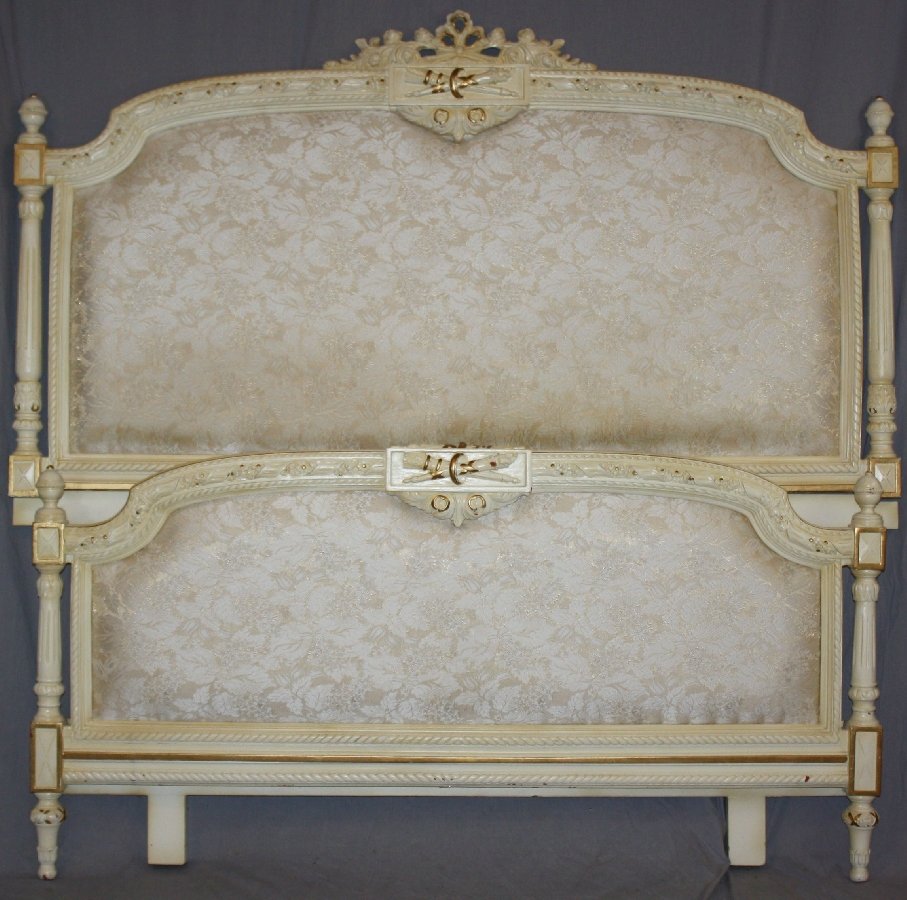 Louis XVI style painted bed: Louis XVI style painted bed with upholstered head & foot board. 64"h x 66"w