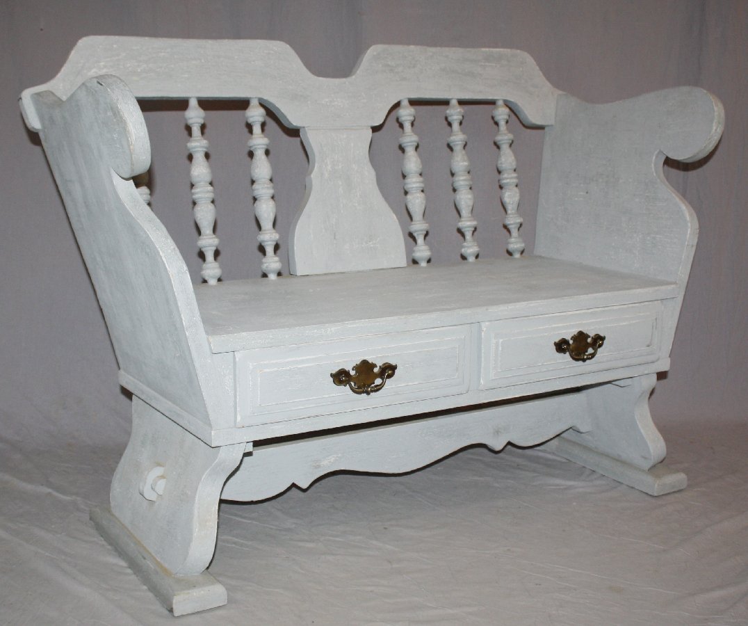 Painted spindle back carriage style bench with drawers.: Painted spindle back carriage style bench with drawers. 36 1/4"h x 52"w x 20"d