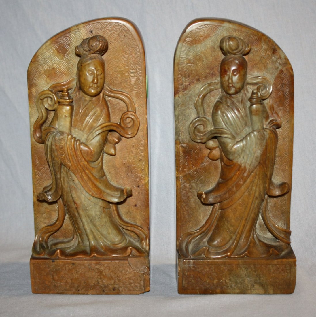 Pair of Chinese carved soapstone bookends: 8 1/2"h x 3 1/2"w