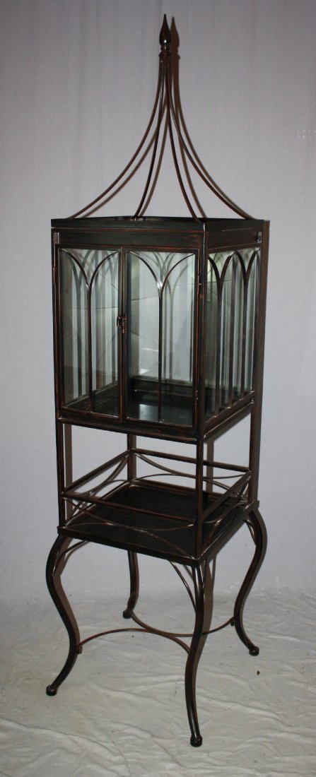 Iron & glass spire top terrarium with finial: 88 1/2"h x 22 1/2"square