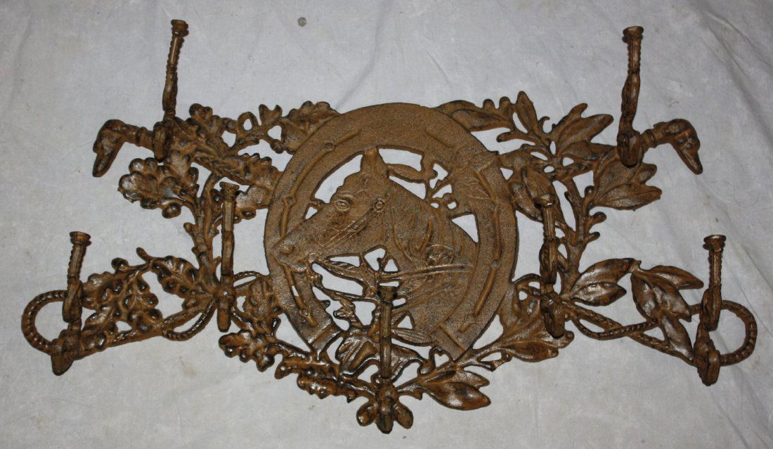 Equestrian themed iron coat & hat rack with horse: 13 1/2"h x 28"w