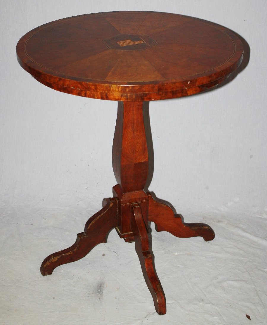 19th c American table with pedestal base: and inlaid 30 star American flag indicating a date of 1848. Lot includes a letter from the Smithsonion. 29 1/2"h x 25 1/4"diam