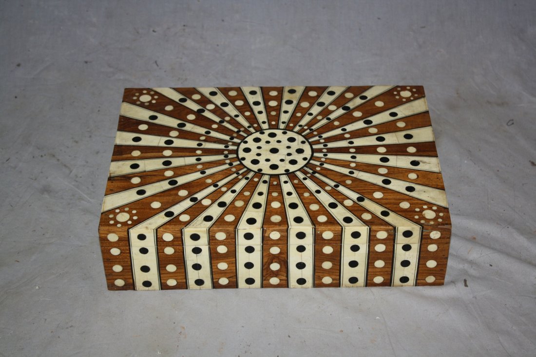 Nepalese box in rosewood inlaid with camel bone: 3 1/4"h x 13 1/2"l x 9 1/2"w