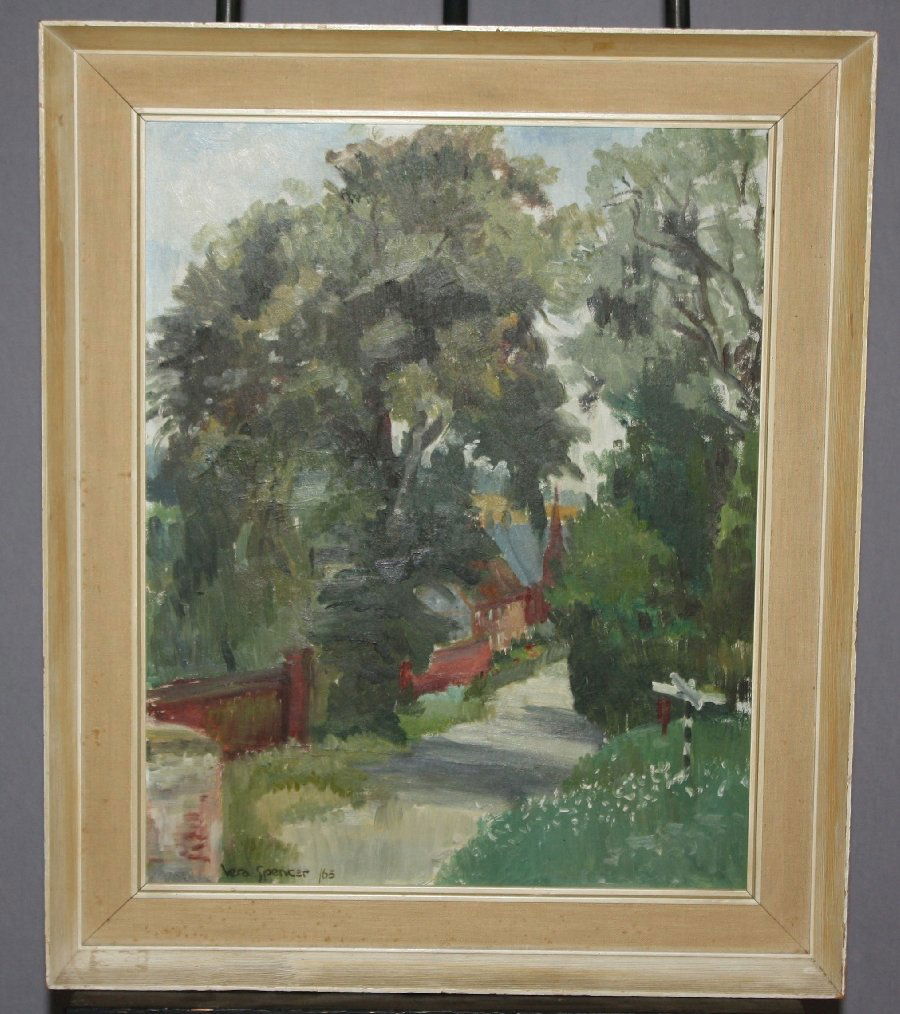 Vera Spencer oil on board: Landscape with path entitled "From Ringland Church". Signed Vera Spencer '65. English. 20"h x 16"w