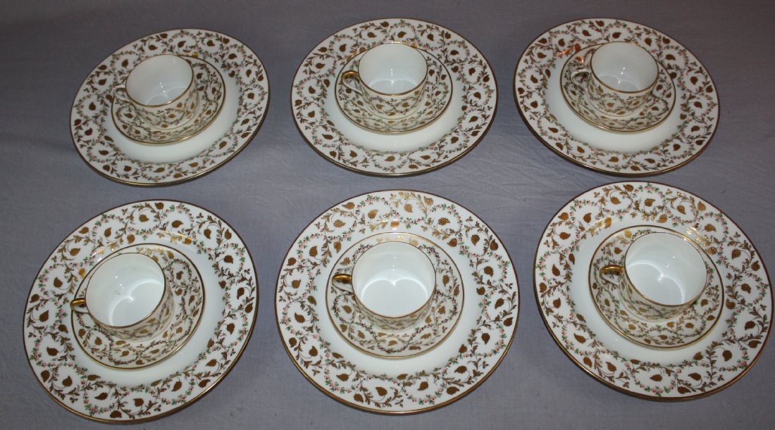 Atelier Le Tallec Paris porcelain service for 6: A fine set of 6 -10 1/4"dia plates, 6 cups with 6- 5 3/4"dia saucers . Each marked in French designed and hand painted by Le Tallec in Paris France. And bearing the artists initials.