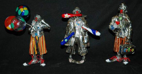 Lot of 3 Angini sterling silver & Murano glass clowns: Part of the Pagliacci D'Argento collection by Vittorio Angini. Ranging in height from 7 1/2"-8"h