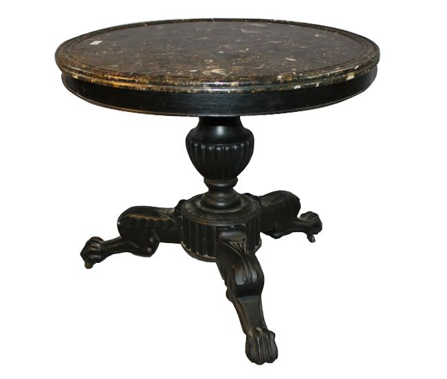 French Napoleon III ebonized gueridon table with marble: top. Urn form pedestal supported on tri-ped paw foot base. Circa 1860. 27 1/2"h x 32 1/8"dia