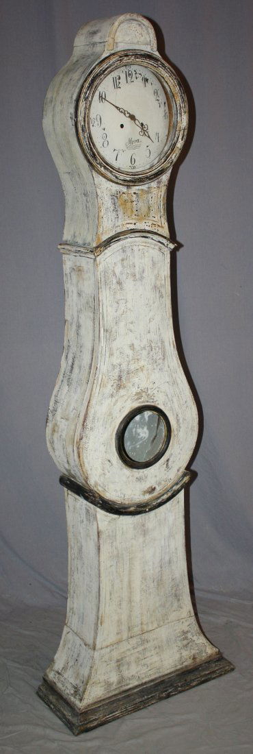 Swedish Mora clock in painted case: Mid 19th century. 80 1/2"h x 24 1/2"w x 10 1/4"d