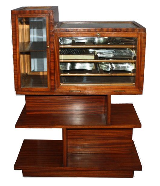 French Art Deco rosewood asymmetrical silver cabinet: with flatware service for 12 plus serving pieces( set is minus 2 salad forks & 1 teaspoon). Beveled glass. Cabinet circa 1940. 38 3/4"h x 27"w x 13 5/8"d