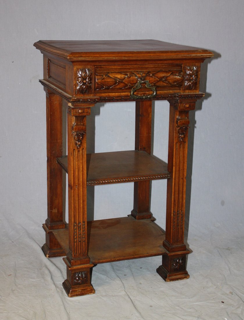 French walnut 2-tier side table with carved laurel leaf: on single drawer. Last qtr 19th century. 30"h x 17 5/8"w