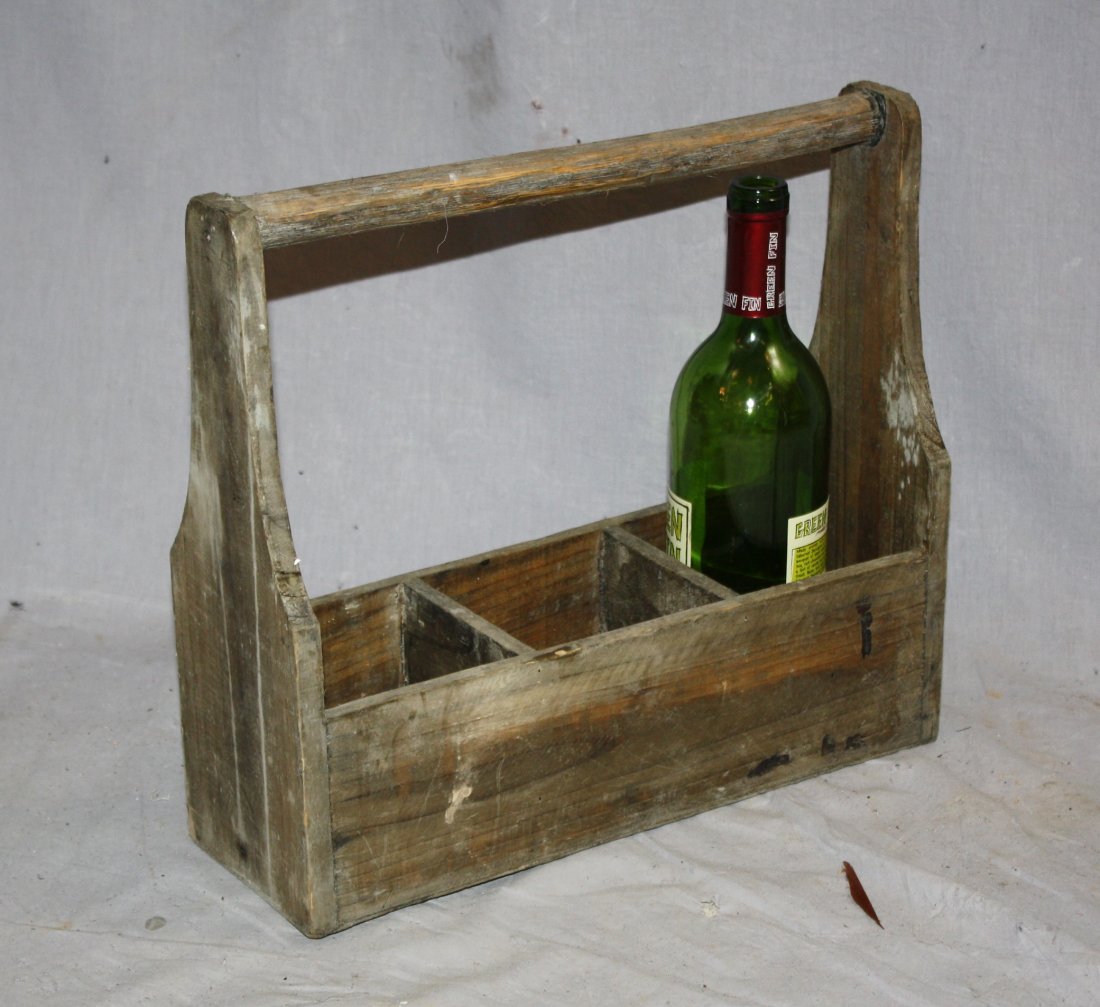 French wooden wine bottle or decanter holder: A French wooden crate with handle used for carrying up to 3 bottles or decanters. 12.25"h x 13.75"w x 4.75"d