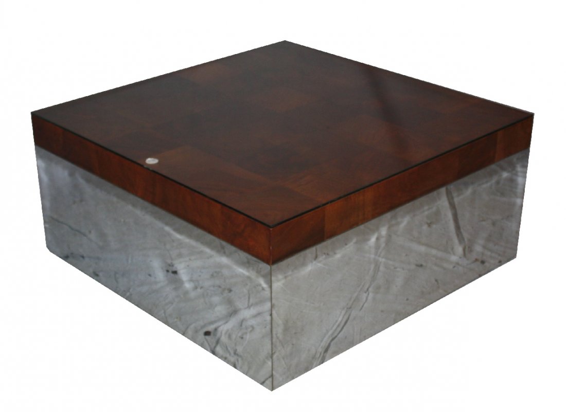 Modern mirrored base cocktail table with veneered wood: 15"h x 32"square