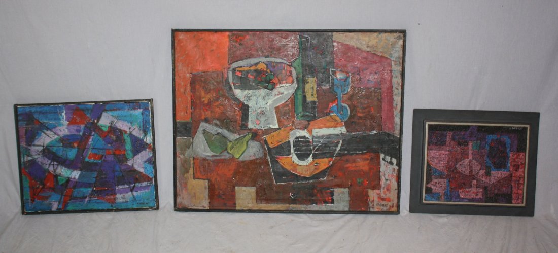 Collection of original Andre Brechet paintings on board: "Rythmes En Blu" 16 1/4"h x 20 1/4"w. "Guitar" 26 1/2" 32 1/2"l. "Unnamed" 15 1/5"h x 18"w