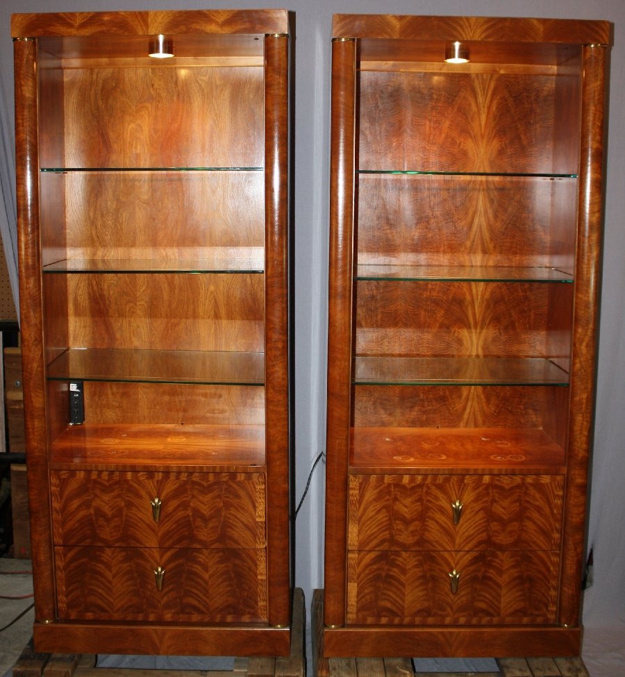 Pair of Henredon burl wood bookcase with glass shelves: 33"w x 79 1/2"h x 20"d