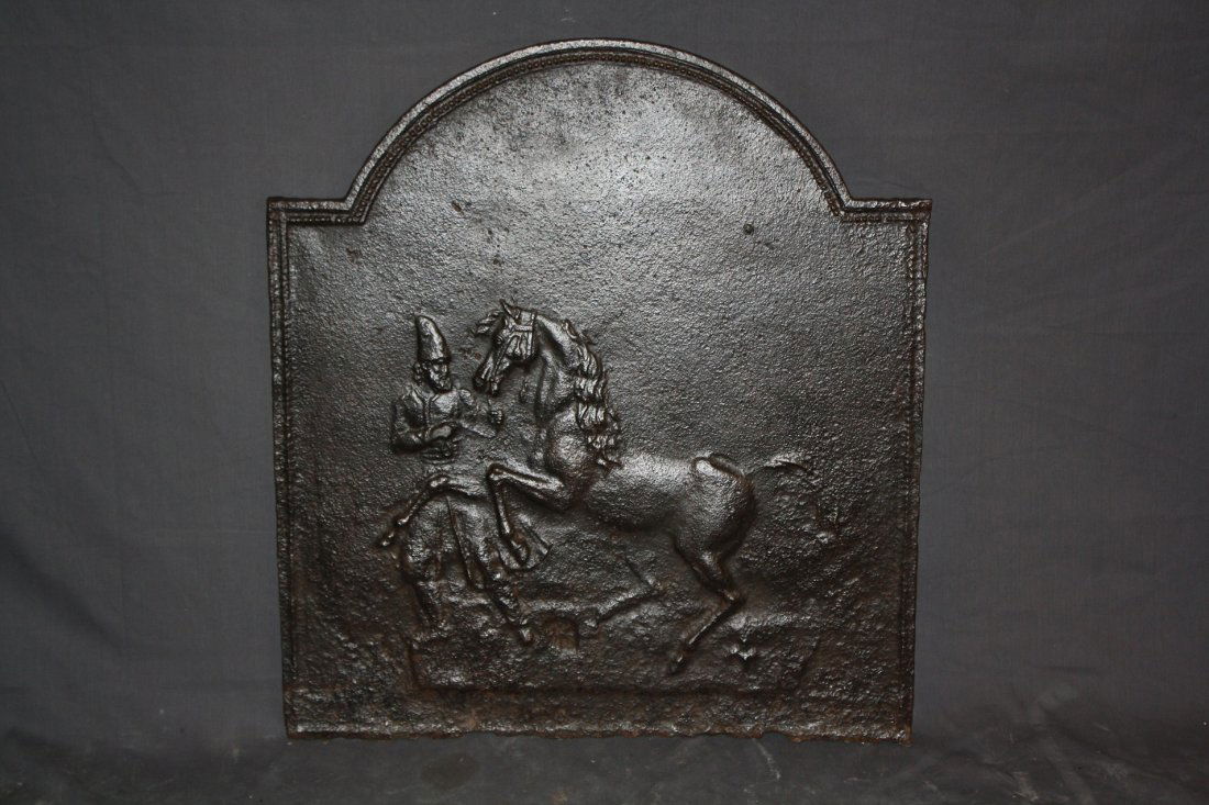 Antique French iron fireback panel with horse: 19th century. 27"h x 24 1/2"w