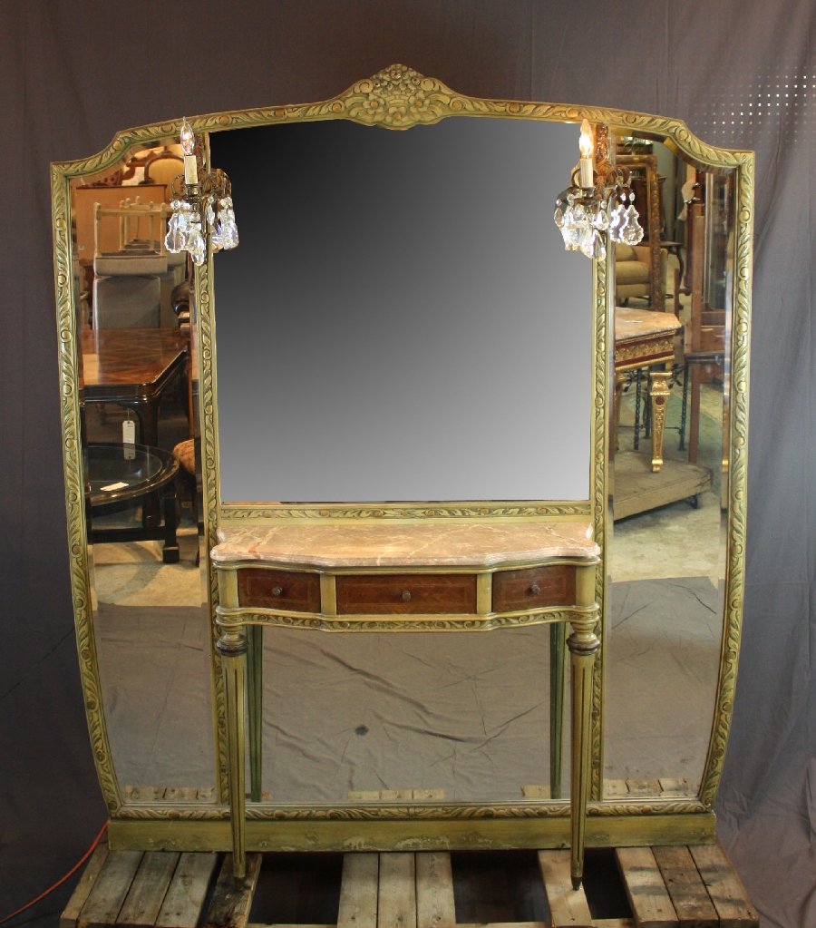Louis XVI style painted batwing vanity mirror: with attached marble top console table with drawer. Early 20th century. 75"h x 63.5"w