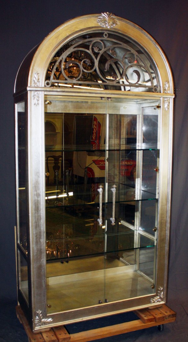 Henredon dome top silvered & mirrored vitrine: Mirrored back, glass shelves, iron demi-lune scrollwork at top. Lighted. 93"h x 46 1/4"w x 20 3/4"d