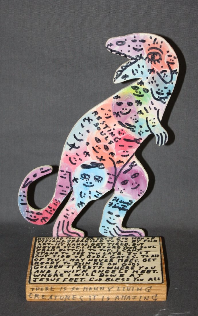 Howard Finster Folk Art T-Rex Dinosaur: Wood cut out mized media markers & ink 9"h
