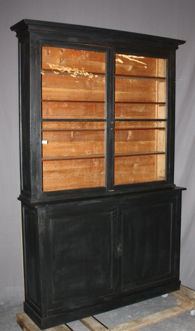 French ebonized 2-door apothecary cabinet: 19th century. Painted black. 87 1/2"h x 57 3/8"w x 14 3/4"d