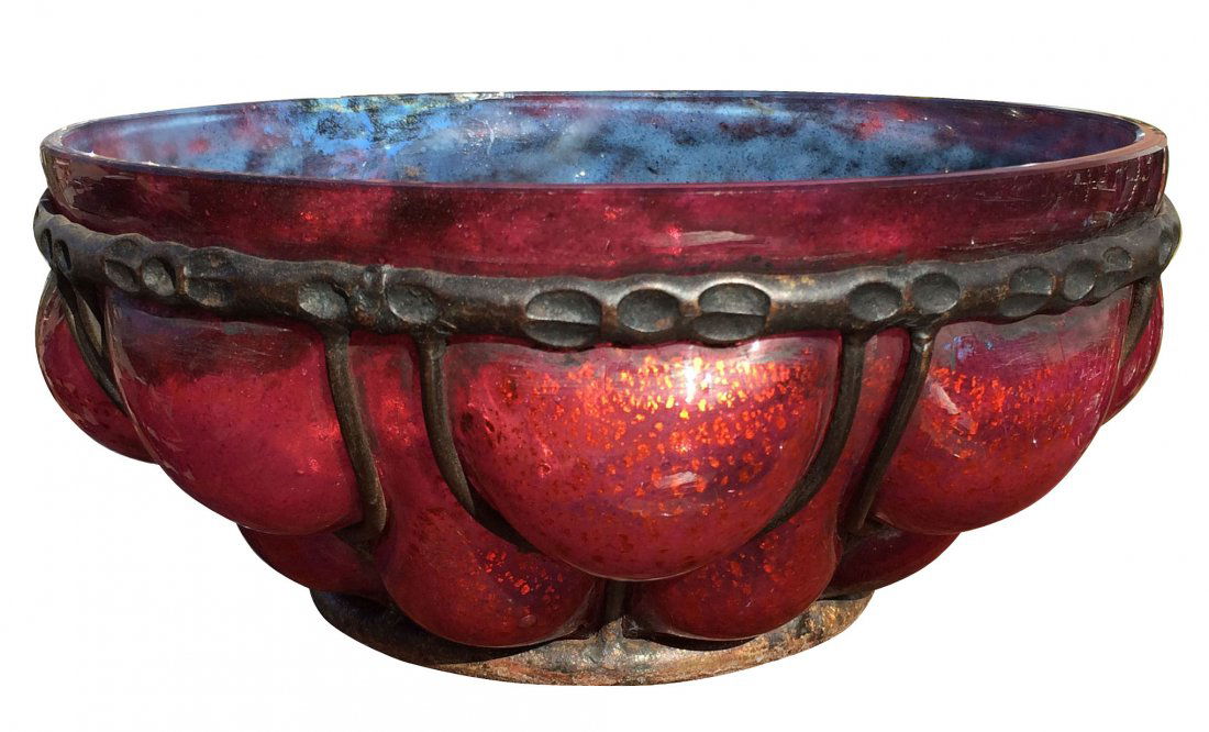 Daum Nancy & Majorelle art glass & iron vase: French Art Glass vase with cast iron mount. Signed Daum Nancy Majorelle. 5"h x 10"diam