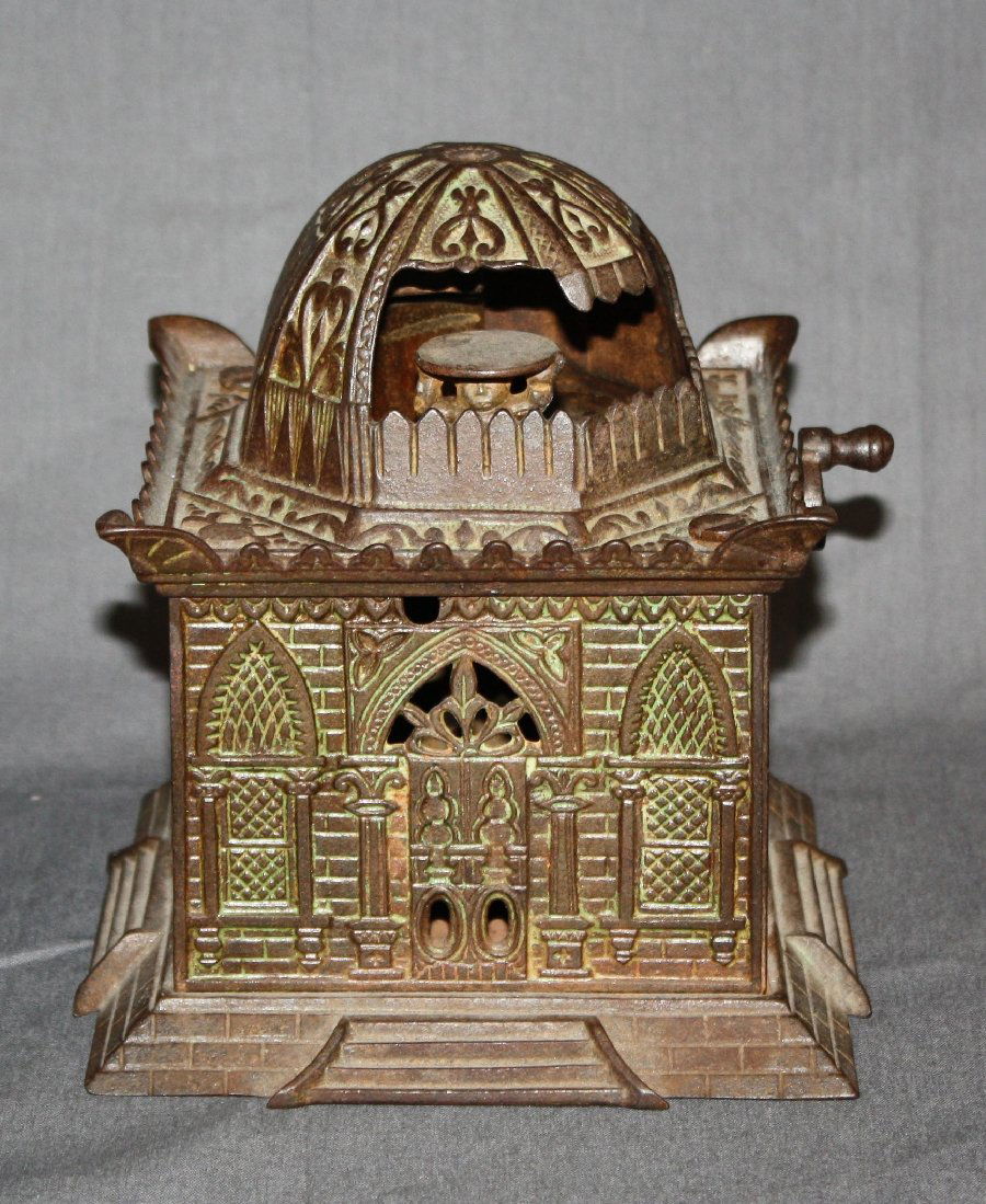 Judd Mfg Co. Cast iron Mosque mechanical bank: American. Circa 1880's. 7"h x 6"square