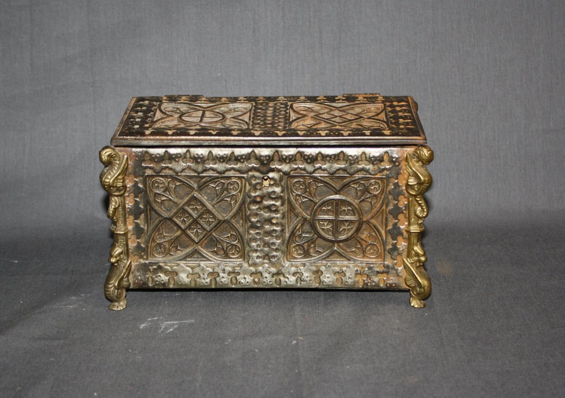 French Gothic silverplate jewelry box: Early 20th century. 4 1/4"h x 8"w x 4 1/2"d