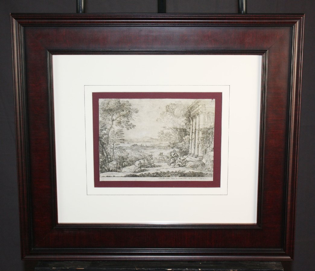 Claude Lorrain etching soldiers with cattle: 18 1/2"h x 20 3/4"w framed