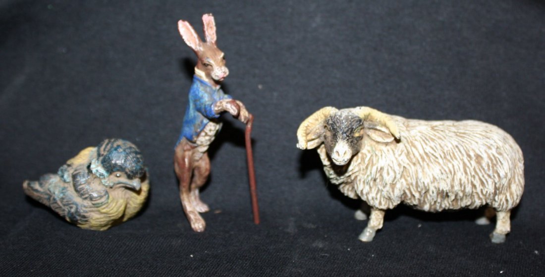Lot of 3 Austrian cold painted bronze figurines: Ram 2.25"h x 3.5"l, Bird 2.5"l & Rabbit with cane 3.25"h
