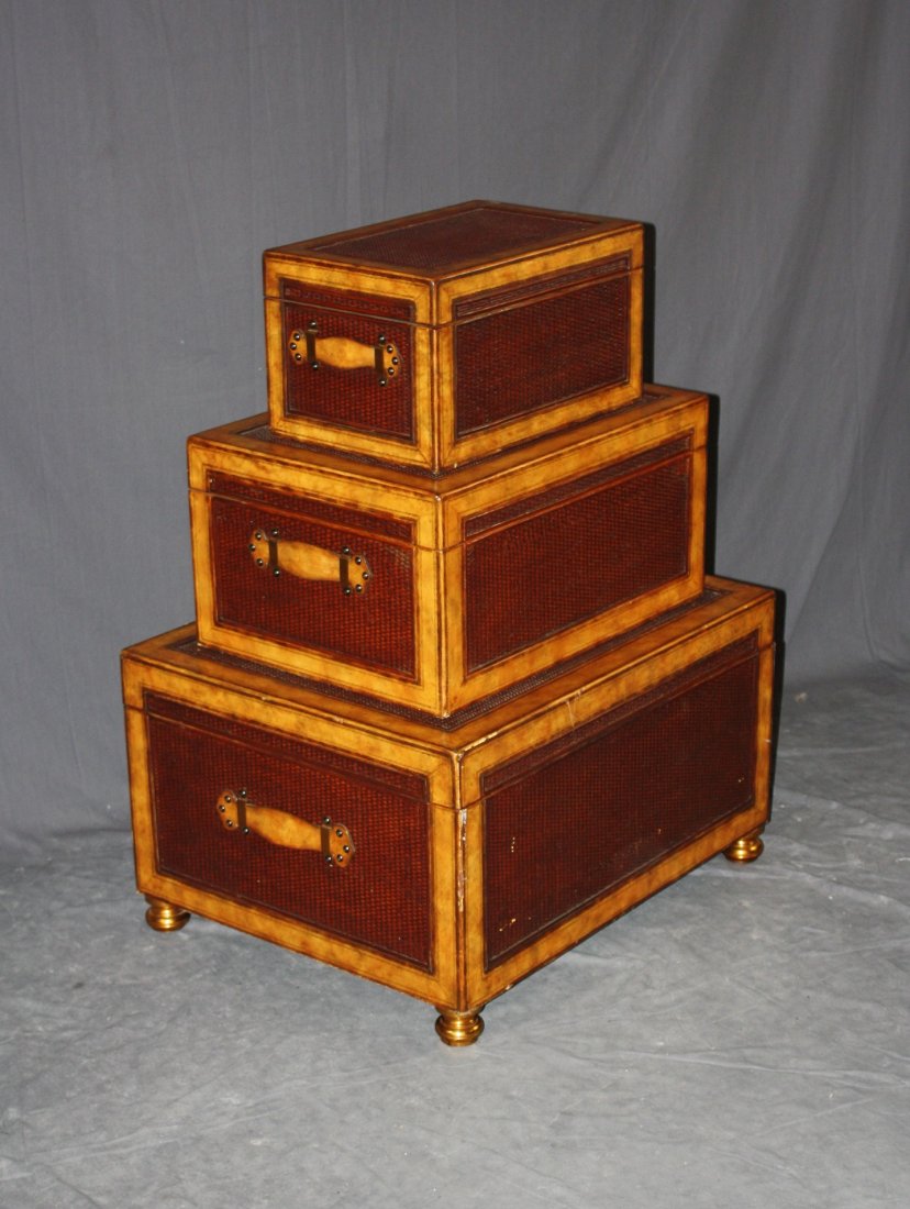 Maitland Smith set of 3 stacking trunks: Maitland Smith set of 3 stacking trunks. 40"h x 30"w x 24"d