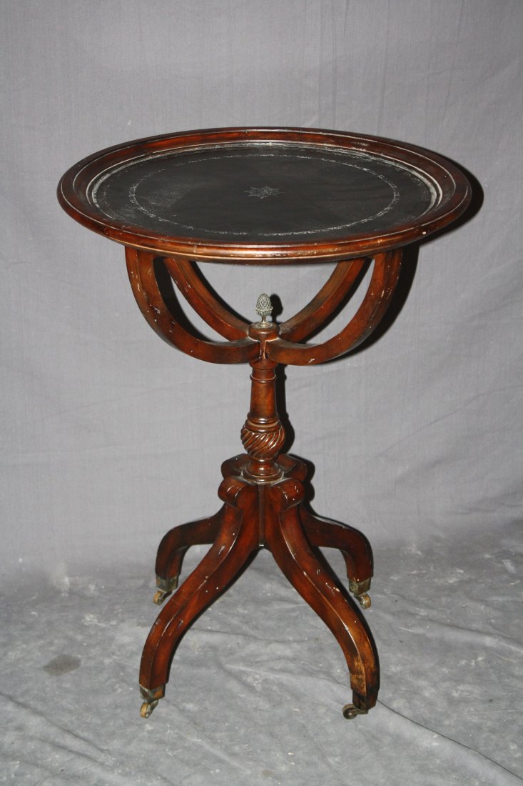 Maitland Smith occasional table with tooled leather top: 31"h x 22.5"dia