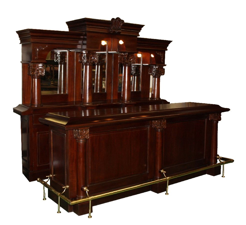 Carved mahogany triple arch back & front bar: back bar 90"h x 108"l x 19.5"d front bar 41"h x 108"l x 34.5"d