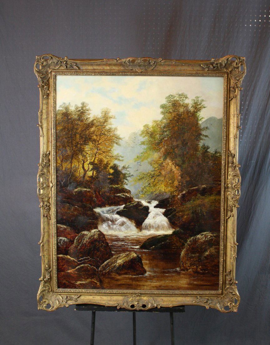 English oil on canvas landscape after William Mellor: landscape with waterfall. Signed illegibly lower left. Late 19th/early 20th century. Canvas has been re-lined. 36.5"h x 28.25"w