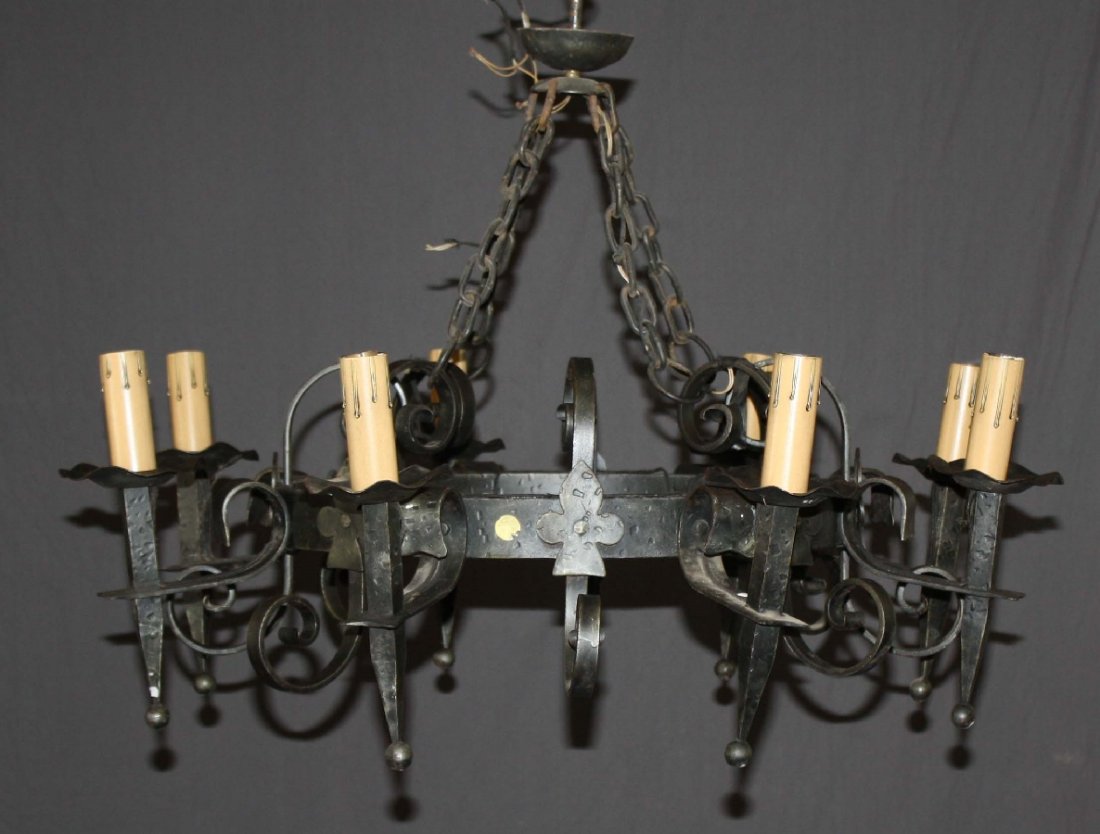 French 8-arm iron ring chandelier: Needs wiring. 33"dia