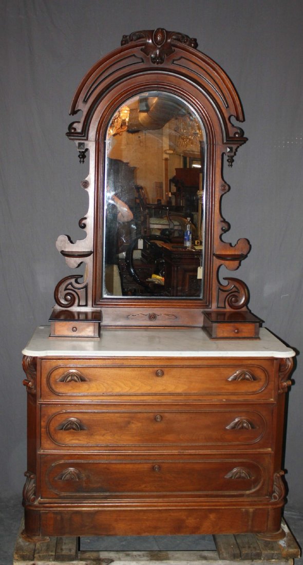 American Victorian walnut chest with marble top: and dome top mirror. 92.5"h x 46.75"w x 22"d