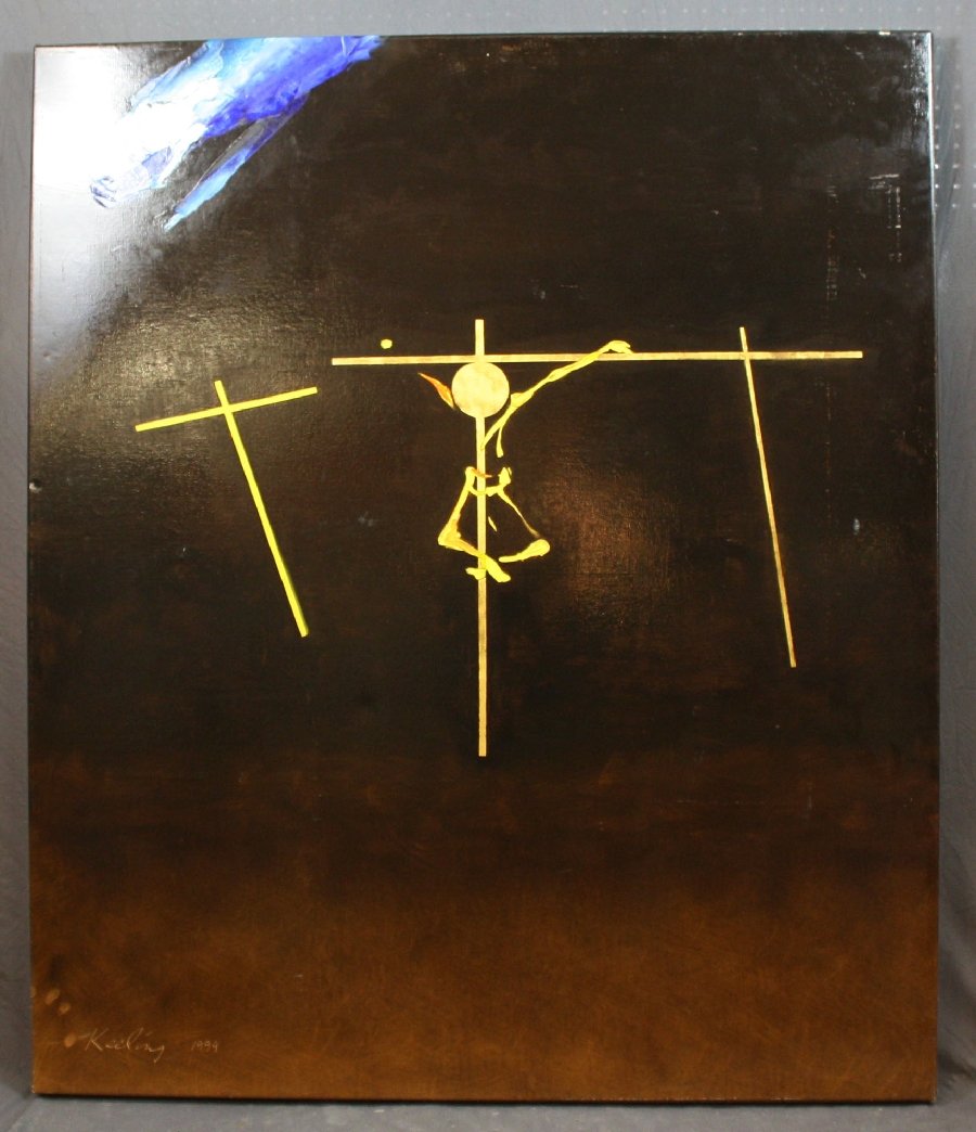 Oil on canvas Crucifixion by David Keeling: Signed & dated December 1999. 54"h x 46"w