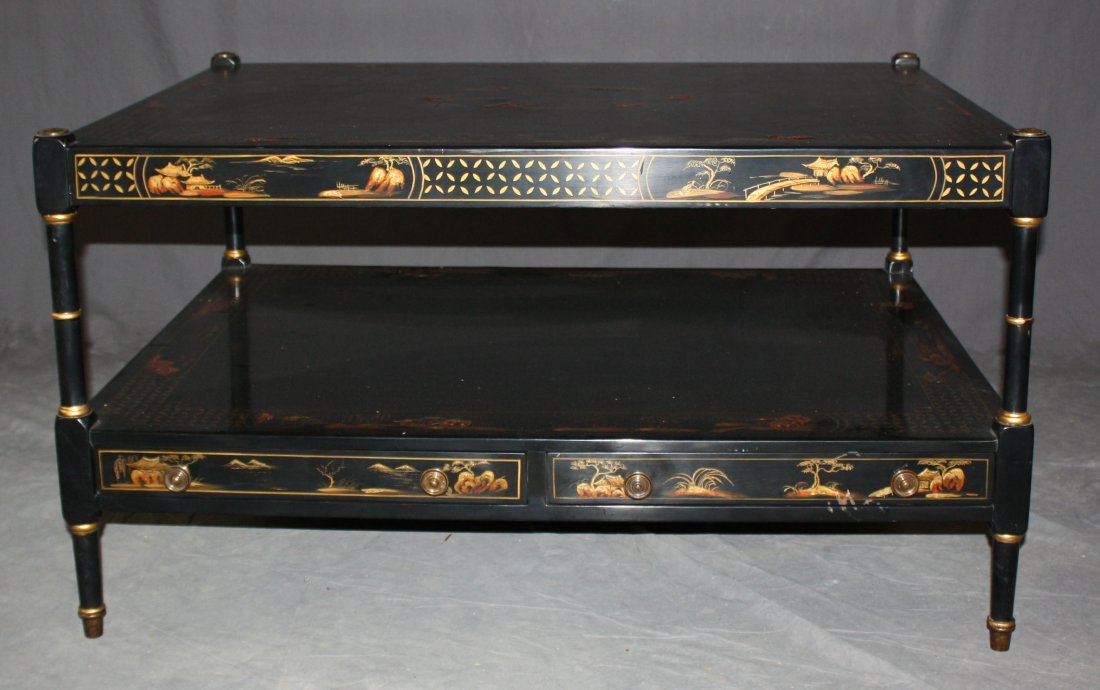 Chelsea House Chinoiserie 2-tier cocktail table: with tooled leather pull-out slides. 18"h x 41"l x 34"w