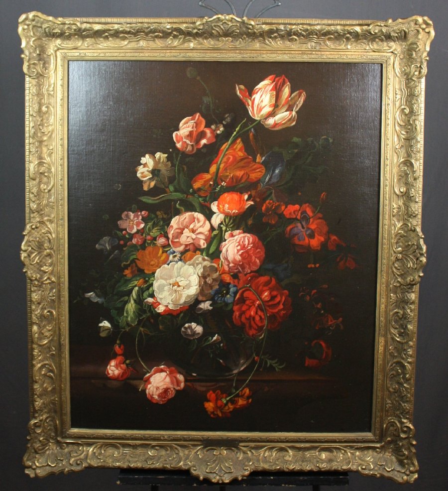 Oil on canvas stillife with flowers signed l/r: Oil on canvas stillife with flowers signed l/r Jan.. Van Der Douffts (sp) . 29.5"h x 24.25"w