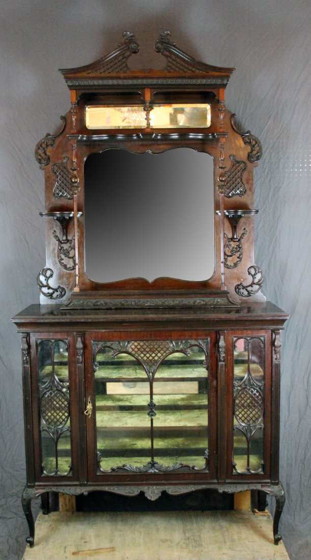 English Victorian etagere credenza in mahogany: With Fretwork decoration and open pediment. 96"h x 49"w x 18"d
