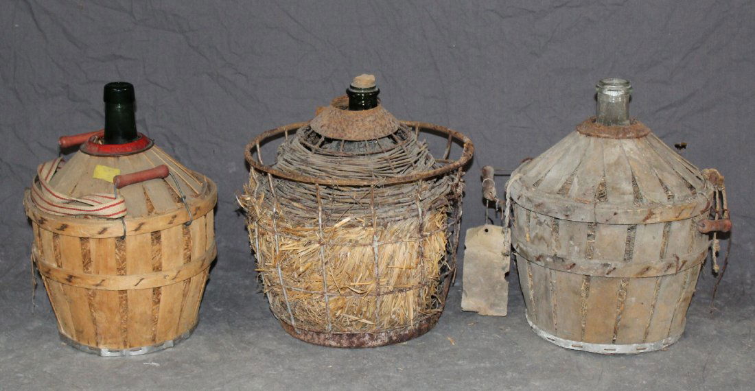 Lot of 3 French blown glass demi johns in wicker (1 of 4)