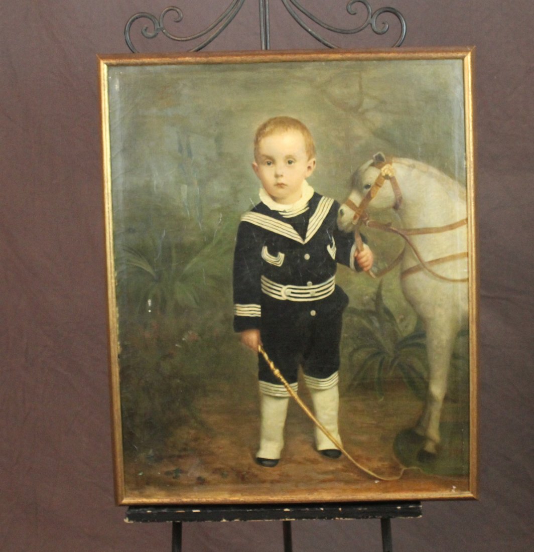 19th century oil on canvas portrait of young boy: A 19th century oil on canvas portrait of a young boy with toy horse. Unsigned. 26.75"h x 21.5"wProvenance: Estate of Arthur Smith, New York.