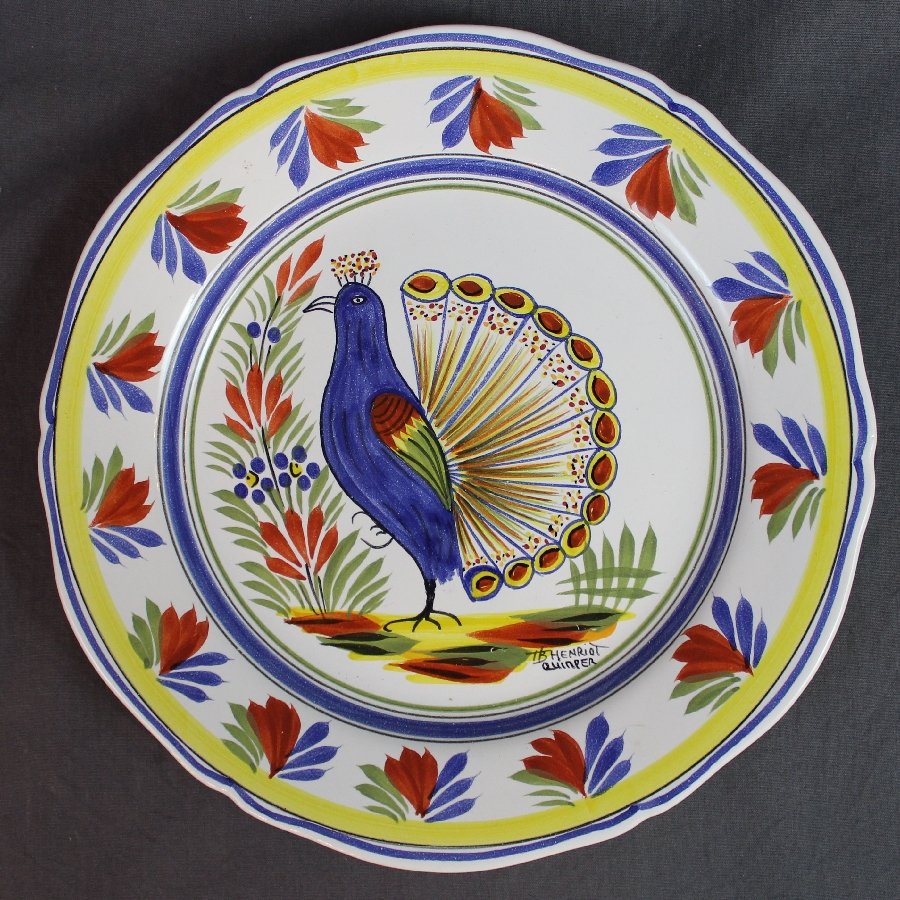 Henriot Quimper plate with peacock (1 of 3)