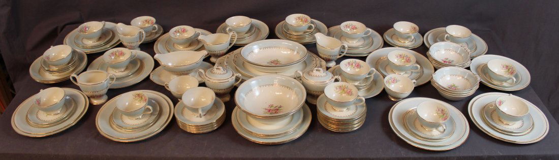 135 pieces Homer Laughlin Eggshell Georgian china: 135 pieces Homer Laughlin Eggshell Georgian china. 21 tea cups, 22 saucer 6" dia, 16 bowls 5 3/8", 3 plates 8 1/4"dia, 8 plates 9 1/4" dia, 12 plates 10" dia, 8 bowls with handles 5 3/4", 10 bowls 8 1