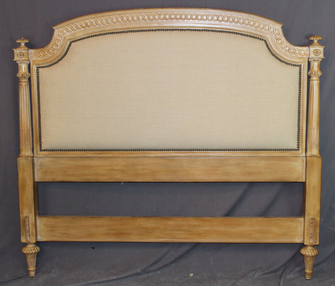 Highland House upholstered headboard: Highland House upholstered headboard in white washed finish. 58 1/2"h x 65"w