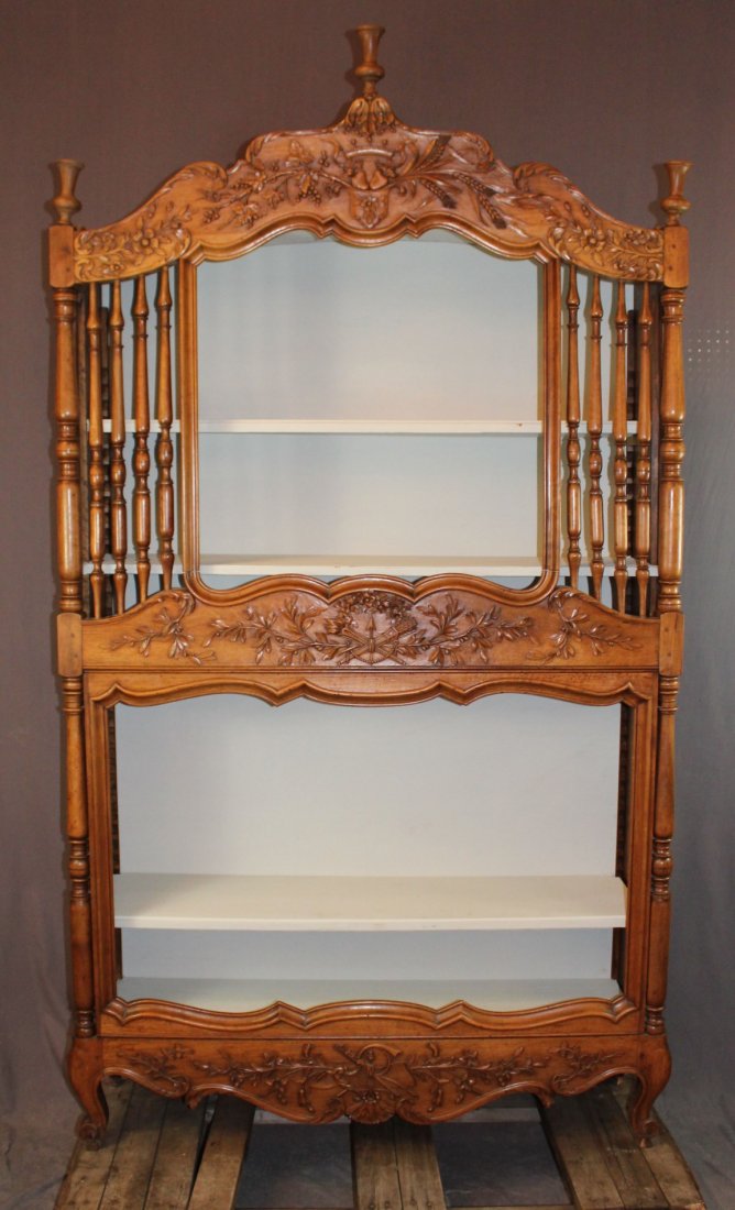 French Provincial walnut etagere cabinet (1 of 7)