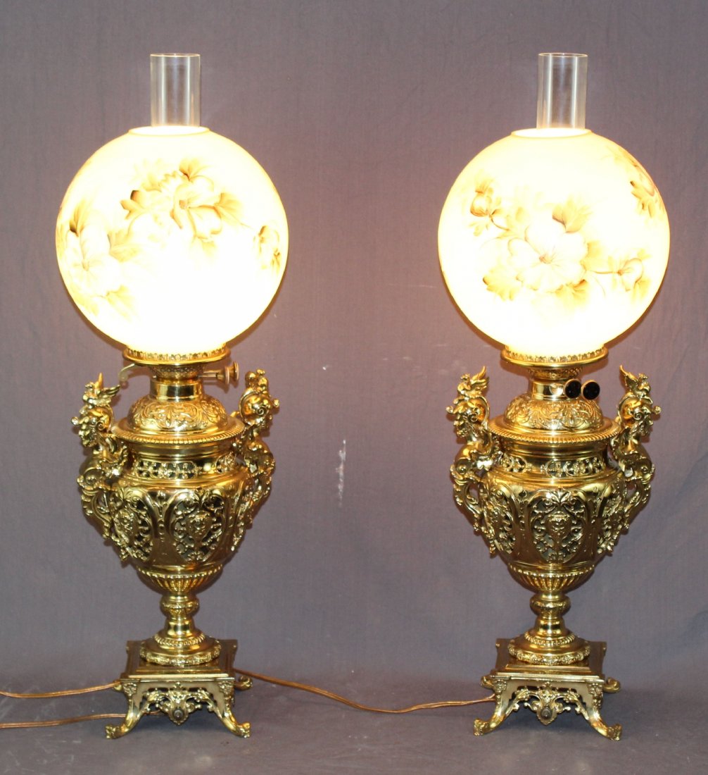 Rare pair of Victorian ornate brass banquet lamps (1 of 9)