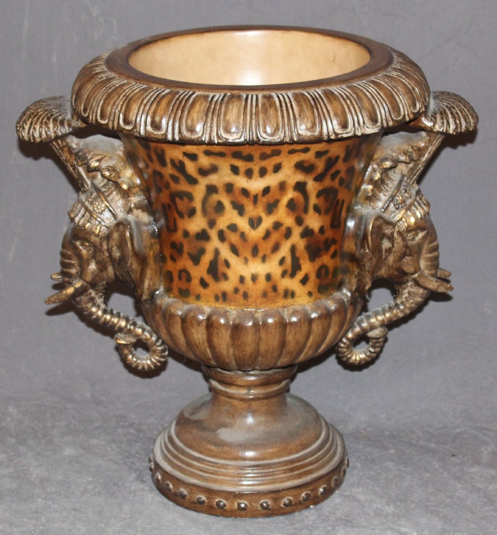 Leopard decorated urn with elephant handles: Leopard decorated urn with elephant handles. Attributed to Maitland Smith. Unmarked. 20"h x 21"w