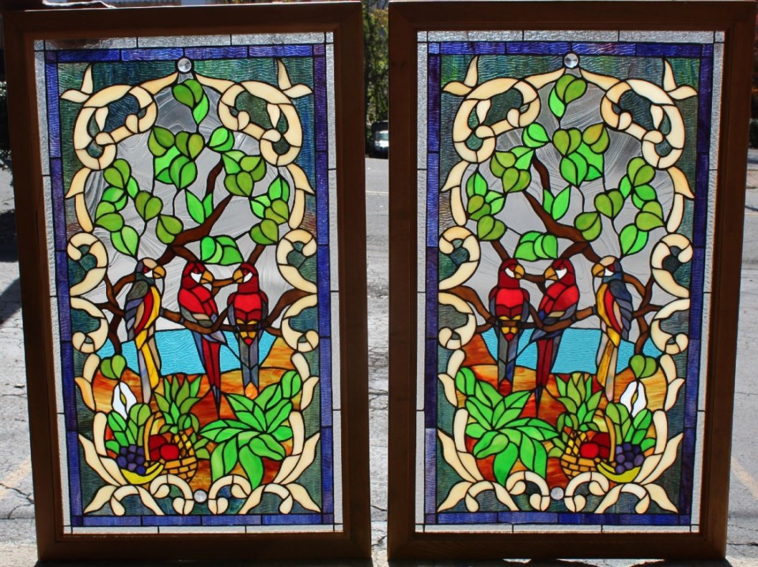 Pair of framed stained glass windows with parrots (1 of 2)