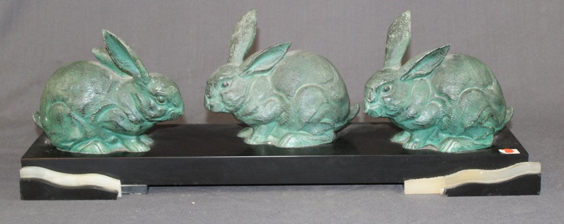 French Art Deco statue of bunnies on marble base (1 of 4)