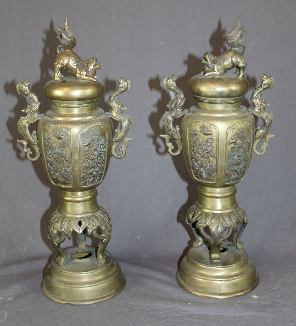 Pair of Chinese brass incense burners with foo dogs (1 of 4)