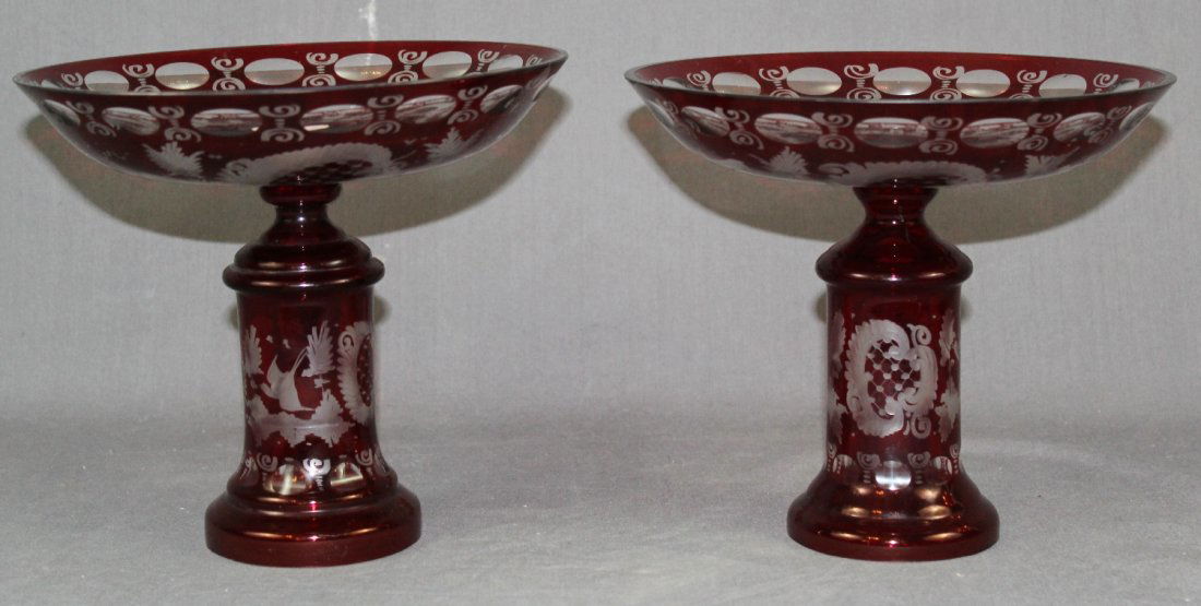 Pair cranberry to clear footed compotes (1 of 5)